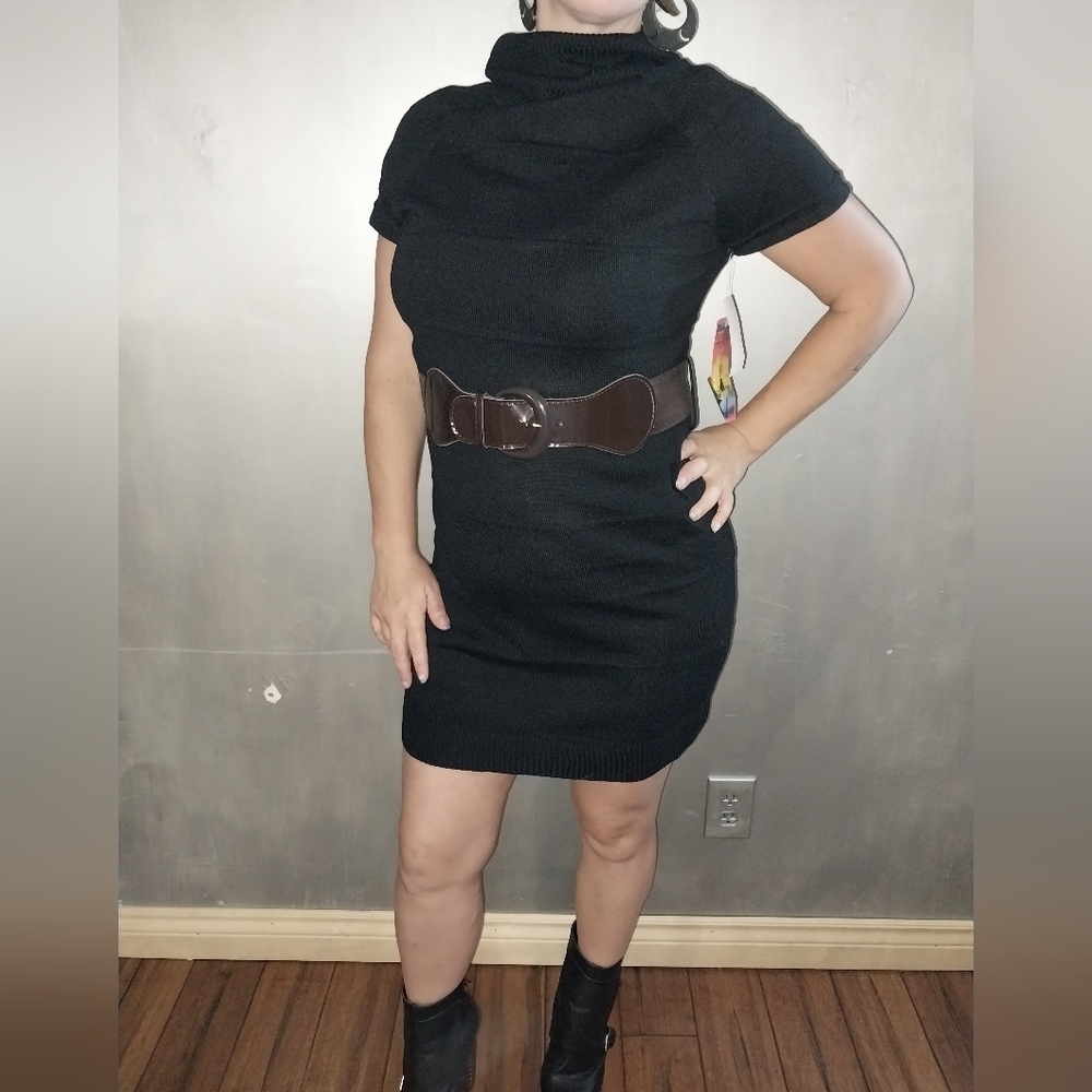 Large black short sleeve sweater mini dress with belt